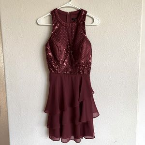 City Studio Maroon Burgundy Sleeveless Sequin Ruffle Dress